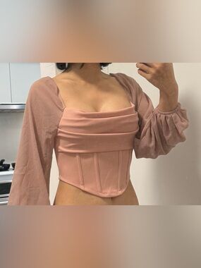 Square Neck Corset Crop Top with Puff Sleeves in Dusty Rose